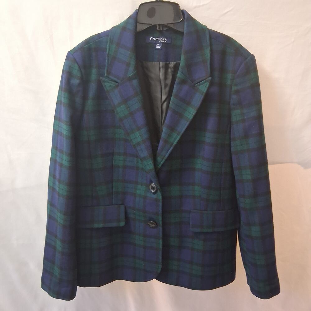 Chadwicks Of Boston Women Wool Blend Blazer Blue Green Black Plaid Size-14P